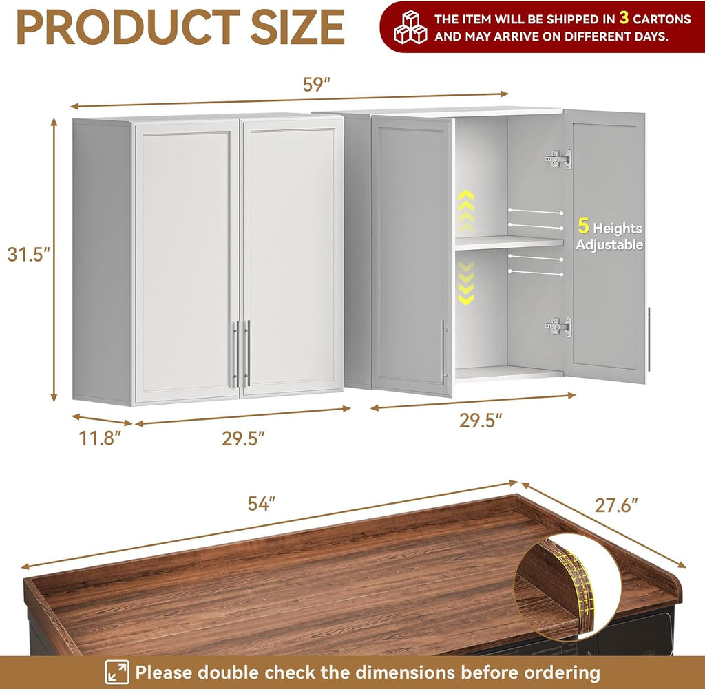 FIMELLO 60' Laundry Room Wall Cabinets and 27.6' x 54' Washer and Dryer Countertop Set, Laundry Room Cabinets Wall Mounted, Upper Cabinets Floating Cabinet - Brown Laundry Countertop
