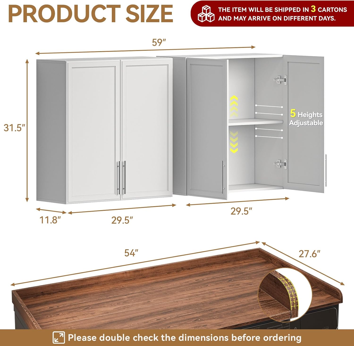 FIMELLO 60' Laundry Room Wall Cabinets and 27.6' x 54' Washer and Dryer Countertop Set, Laundry Room Cabinets Wall Mounted, Upper Cabinets Floating Cabinet - Brown Laundry Countertop