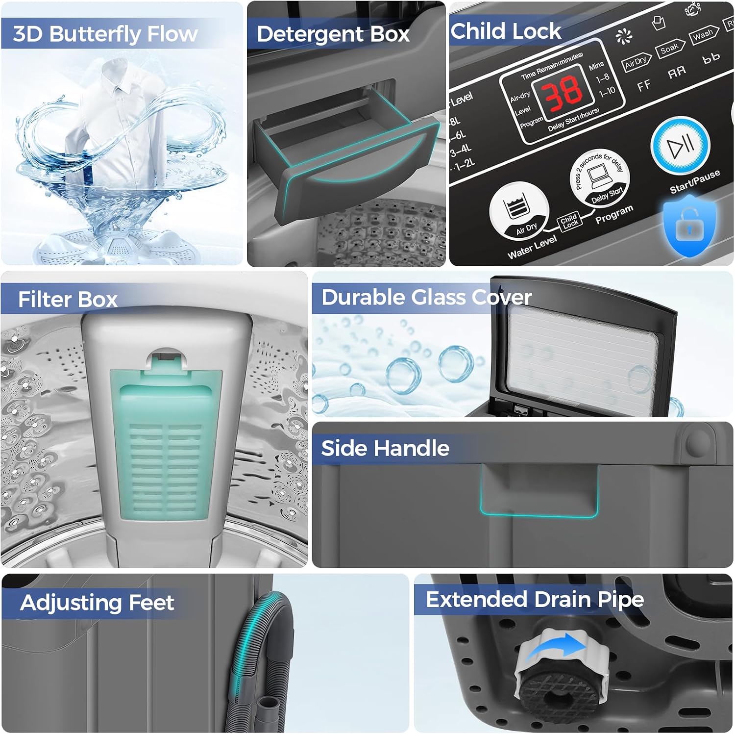 Nictemaw Portable Washing Machine 20Lbs Portable Washer Machine with Drain Pump, 2.8 Cu.ft Washer and Dryer Combo with 10 Programs 8 Water Levels Laundry Machine for Apartments- Slow-Close Glass Cover