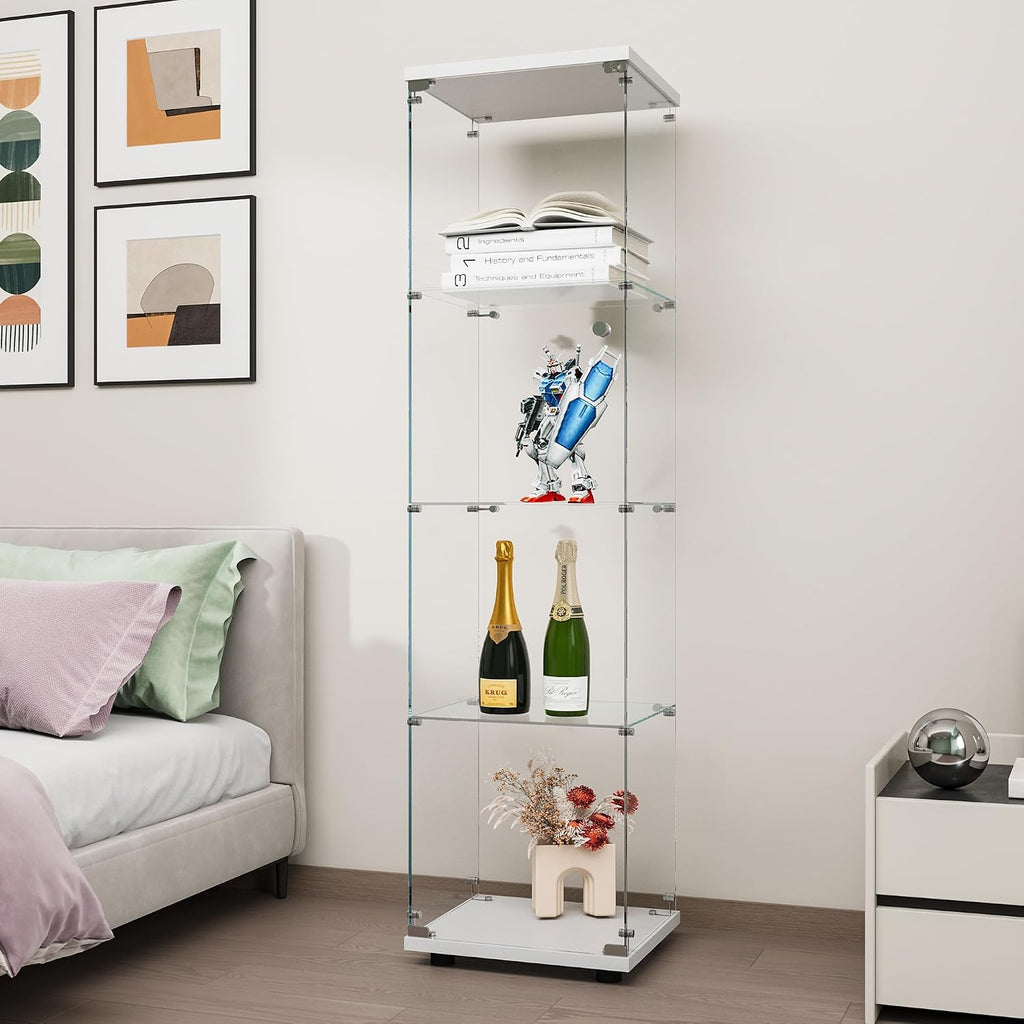 FANYUSHOW Tempered Glass Display Cabinet 4-Shelf Curio Cabinet with Security Lock 5mm Display Shelf Showcase for Living Room/Bedroom/Office- White 64.7' H x 16.7' L x 14.37' W