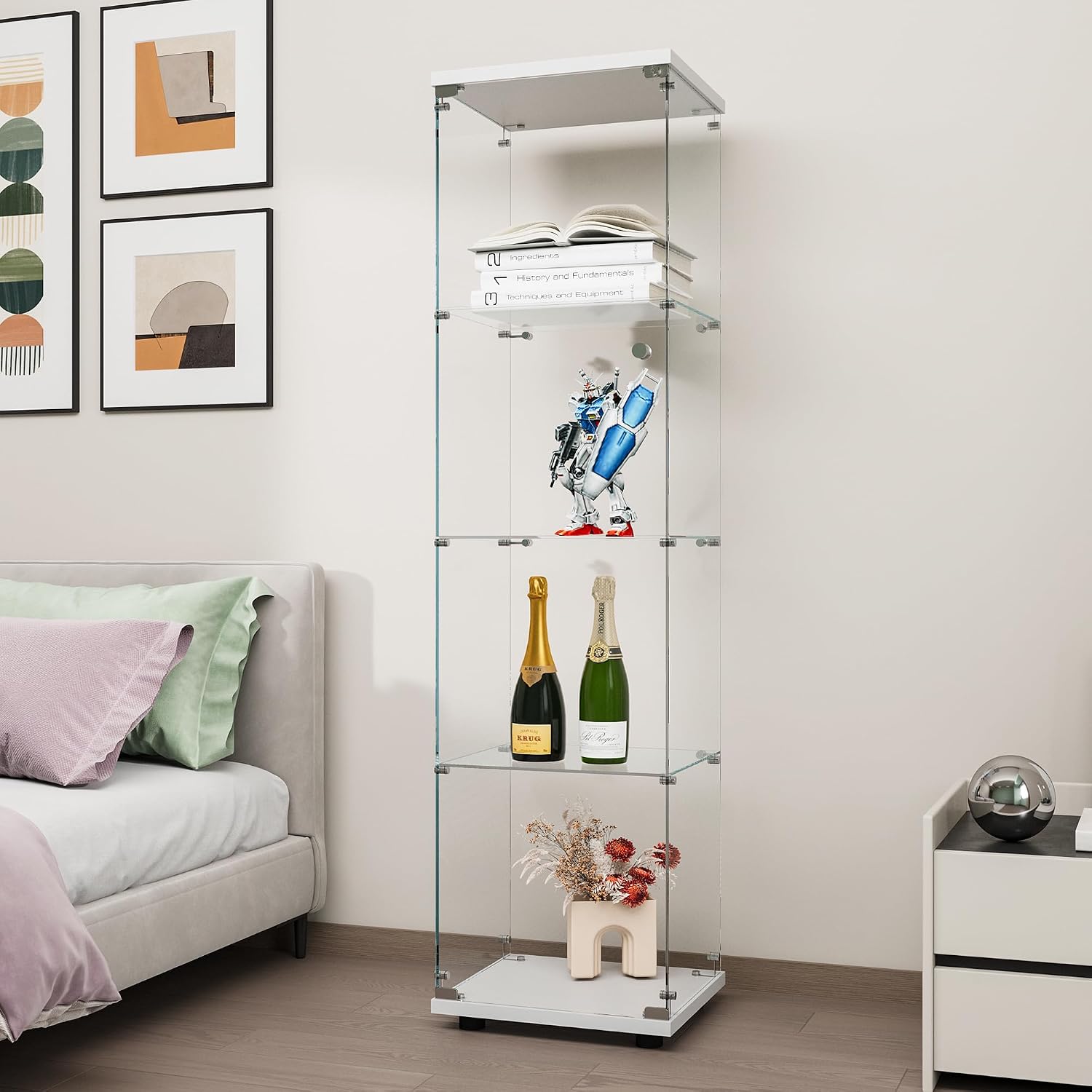 FANYUSHOW Tempered Glass Display Cabinet 4-Shelf Curio Cabinet with Security Lock 5mm Display Shelf Showcase for Living Room/Bedroom/Office- White 64.7' H x 16.7' L x 14.37' W