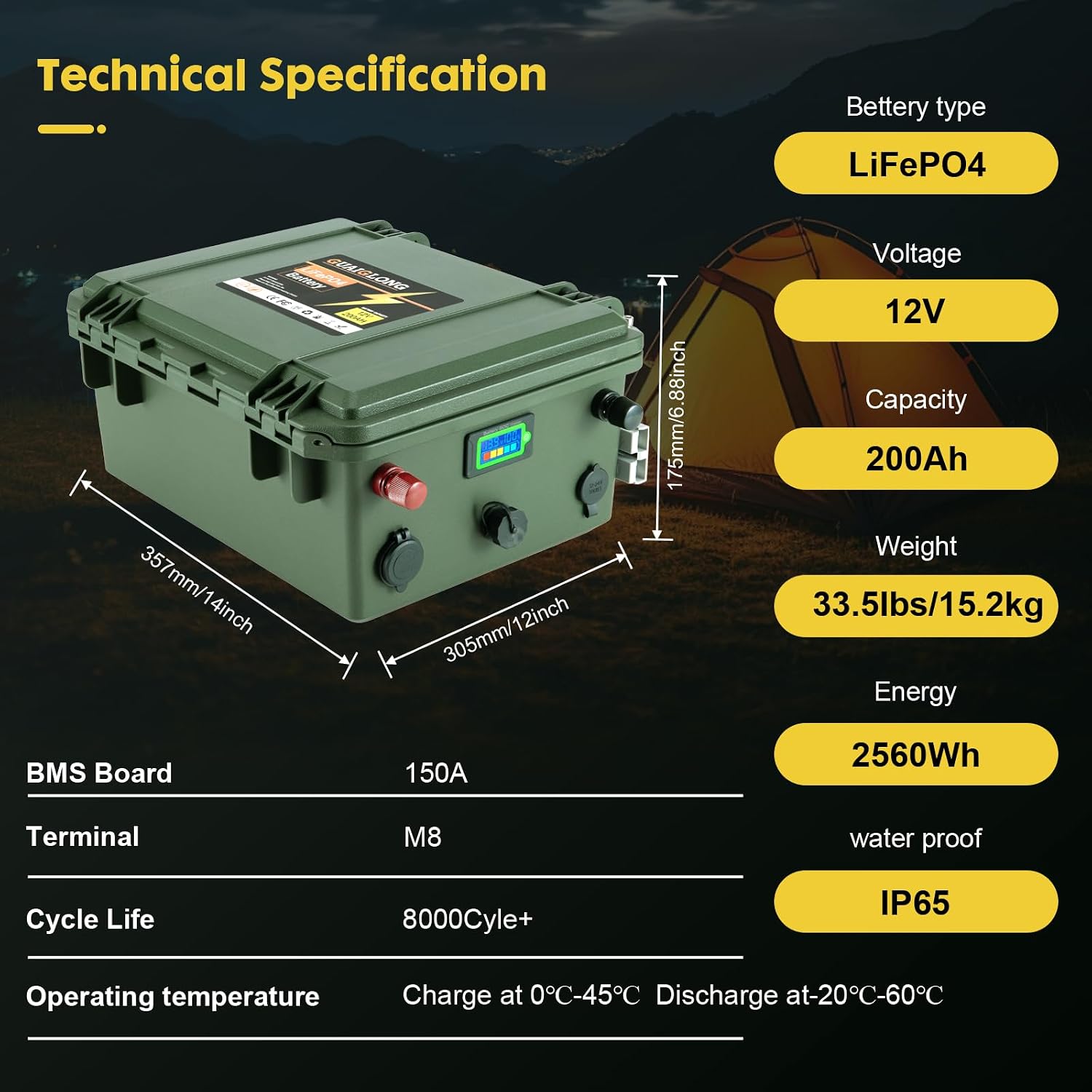 12V 200Ah LiFePO4 Battery,Marine Battery Built-in 150A BMS 2560Wh,8000+ Deep Cycle Lithium Batteries 12V for Trolling Motor,Camping,RV,Solar