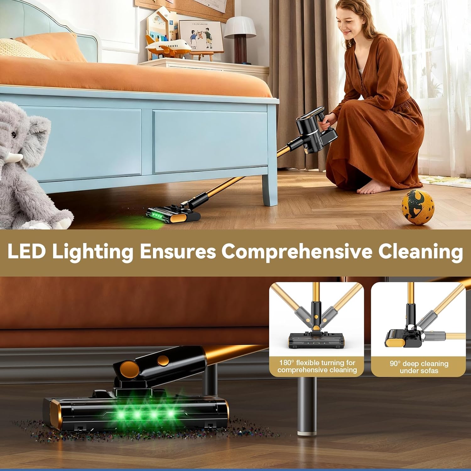 Cordless Vacuum Cleaner, 600W 50000PA Stick Vacuum Cleaners and Mop In One,4000mAh Battery with 60 Min Runtime, LED Screen and Green Headlights, Handheld Vacuum for Pet Hair Floors Carpet Sofa