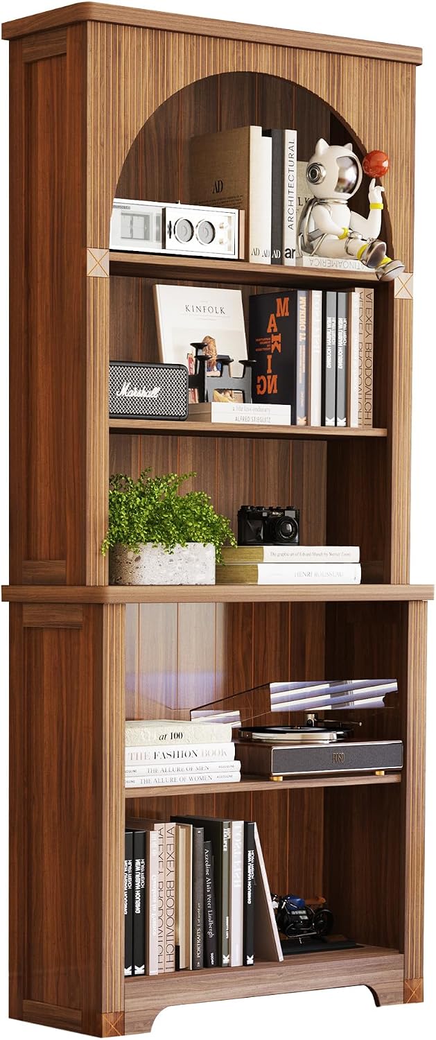Janmer Home 71' Tall Narrow Arched Bookshelf, Mid Century Modern 5-Tier Arched Narrow Storage Bookcase with Adjustable Open Display Shelf for Office, Living Room (Walnut)
