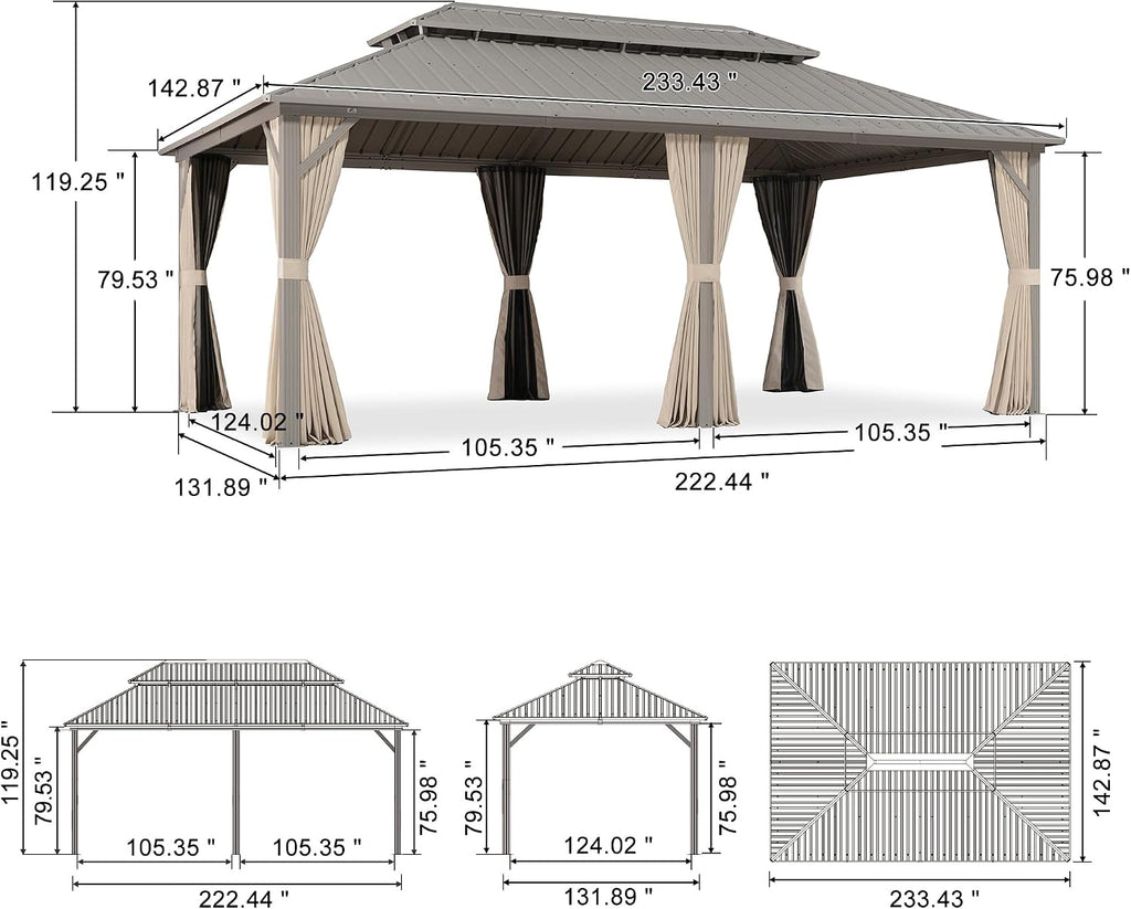 PURPLE LEAF 12' x 20' Outdoor Hardtop Gazebo, Patio Gazebo Champagne Aluminum Frame with Galvanized Steel Double Roof, Curtains and Netting for Patio Lawn and Garden