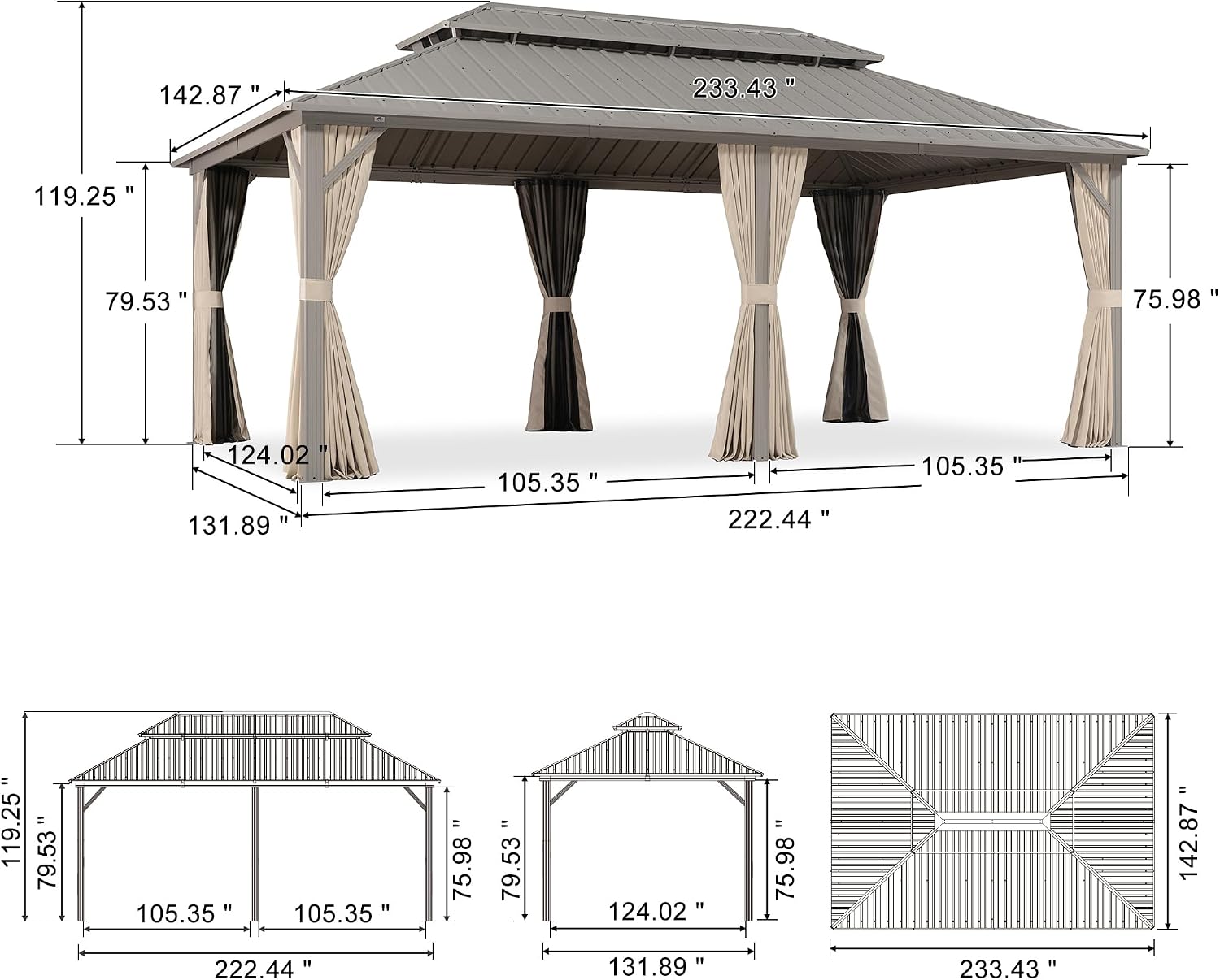 PURPLE LEAF 12' x 20' Outdoor Hardtop Gazebo, Patio Gazebo Champagne Aluminum Frame with Galvanized Steel Double Roof, Curtains and Netting for Patio Lawn and Garden