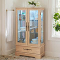 47' LED Glass Accent Curio Cabinet, 3-Tier Antique Storage Cage with Adjustable Shelves & Drawer, Acrylic Mirrored Pane, 7 Color Led Light, Small China Cabinet for Living Room/Kitchen (Oak - LED)