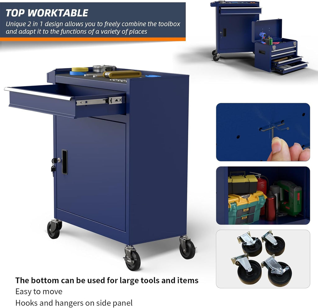 5-Drawer High Capacity Rolling Tool Box, Removable Cabinet Storage Tool Chest with Wheels and Drawers, Detachable Toolbox with Lock for Mechanics Garage Workshop and Tool Room (Blue)