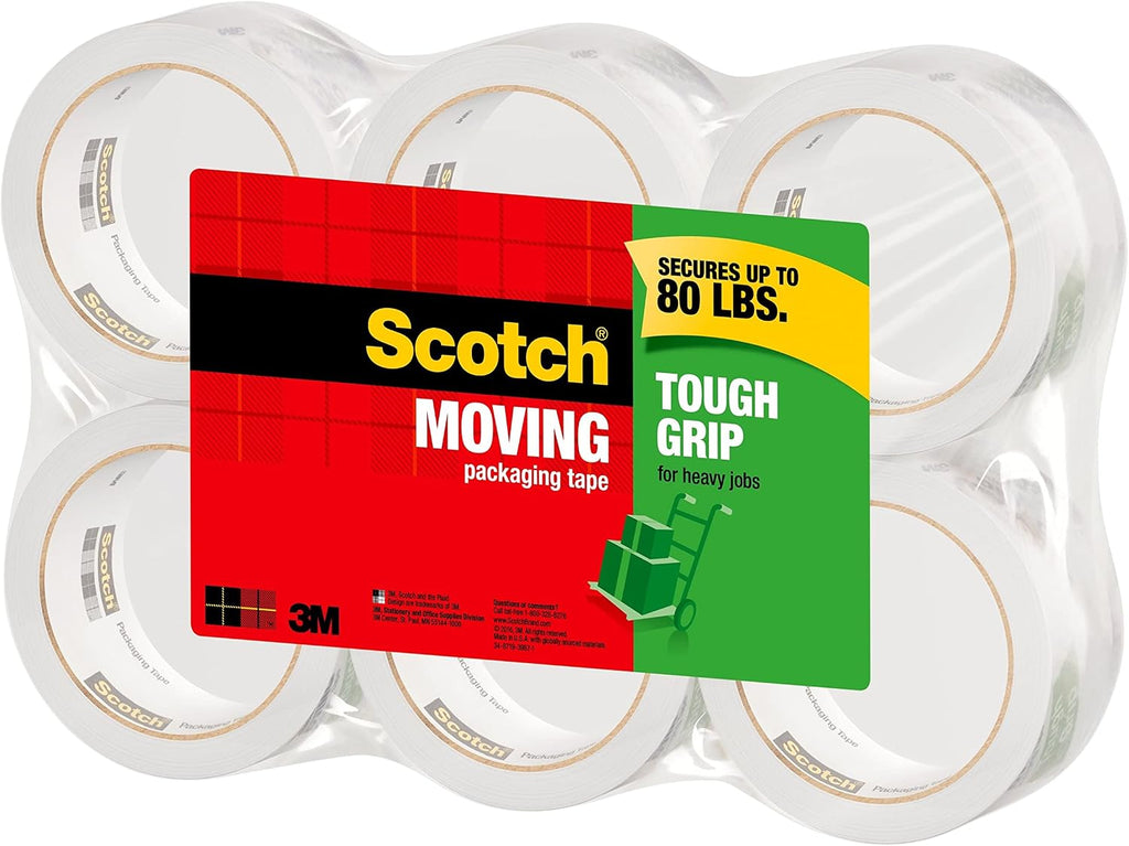 Scotch Tough Grip Moving Packing Tape, Clear, Moving Tape that Secures Boxes up to 80 Pounds, 1.88 in. x 43.7 yd.| (Pack of 6)