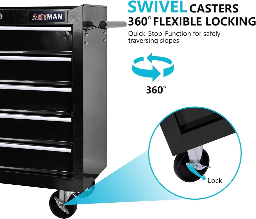5 Drawers Tool Cart on Wheels, 5 Drawer Rolling Tool Chest with Key Lock, Trolley Organizer Tool Case, Multifunctional Rolling Tool Box for Garage,Warehouse,Workshop,Repair Shop (Black)