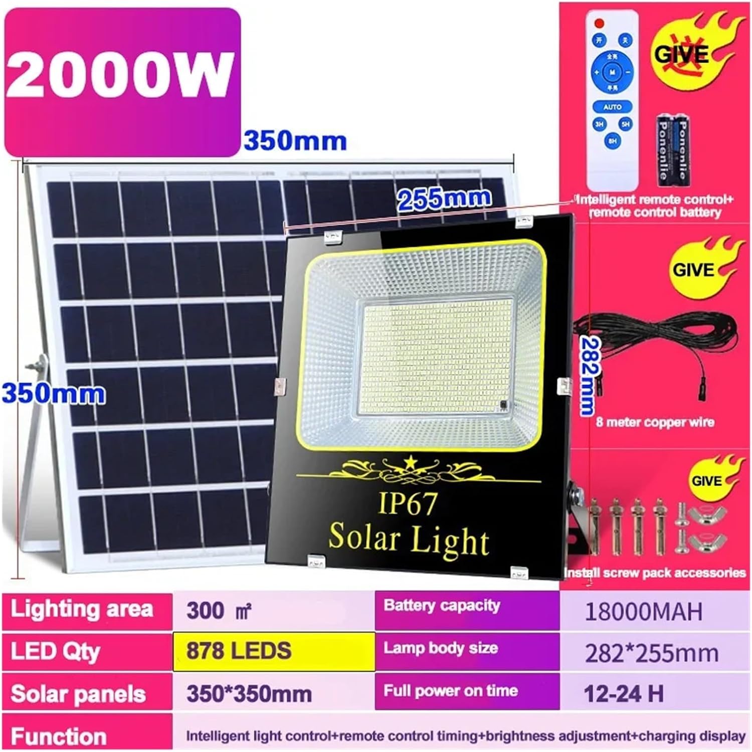 2000W Led Flood Lamp Solar Lights Outdoor Garden Led Refletor Buildings Sunlight Waterproof Lamp Spotlight Emergency Wall Light for Court,Garden,Warehouse,2000W