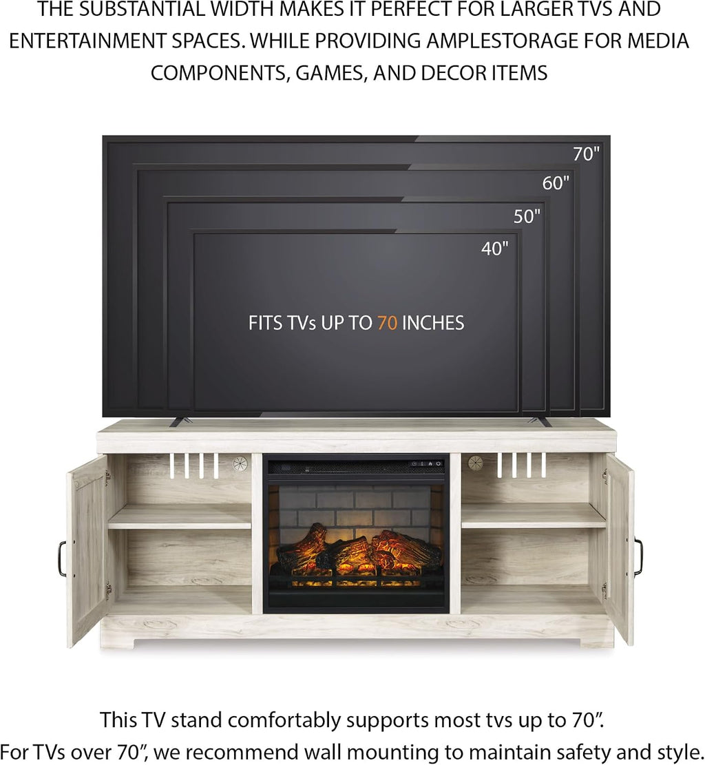 Signature Design by Ashley Bellaby Farmhouse 63' TV Stand with Electric Fireplace for TVs up to 72', Whitewash