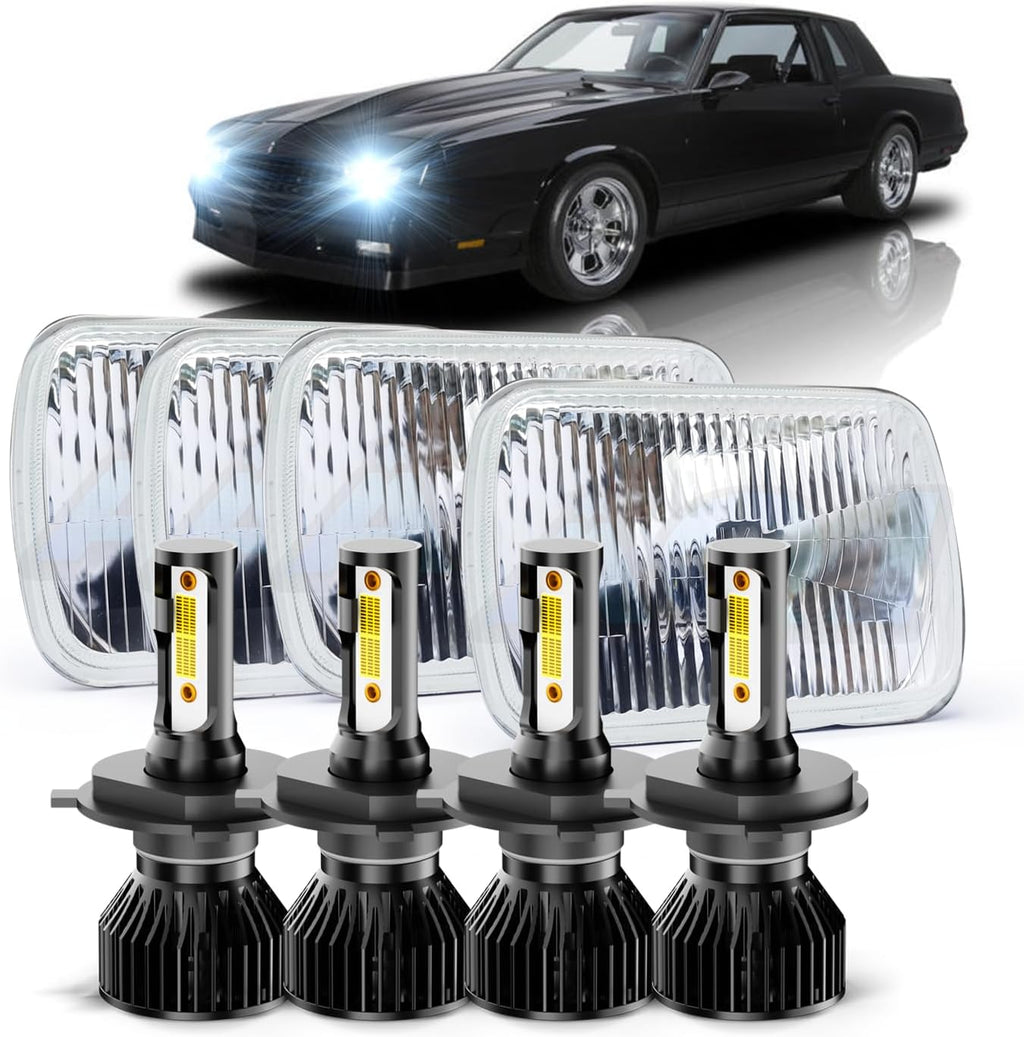 For Chevrolet Monte Carlo SS 1980 1981 1982 1983 1984 1985 1986 1987 1988, 4x6 inch Rectangular Hi-Low Sealed Beam Lights,With 4 pcs H4 6000K White LED Light Bulbs, with Adapter,8-Pack