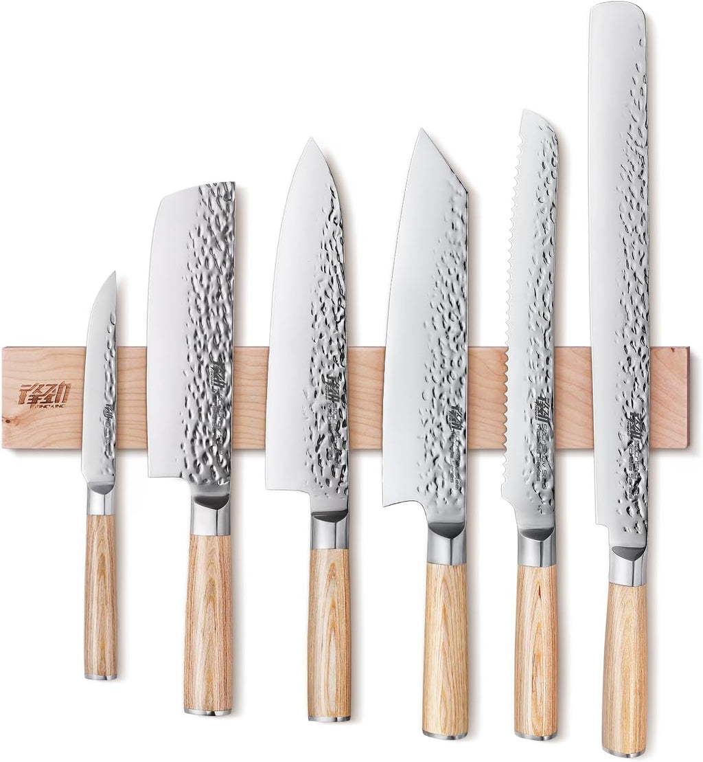 FINDKING 7PCS Kitchen Knife Set, with Wooden Magnetic Knife Holder, Elegant Japanese Chef Knives Set, Sharp Stainless Steel Blade, Pakka Wood Handle, for Daily Cooking (Michelia Series)