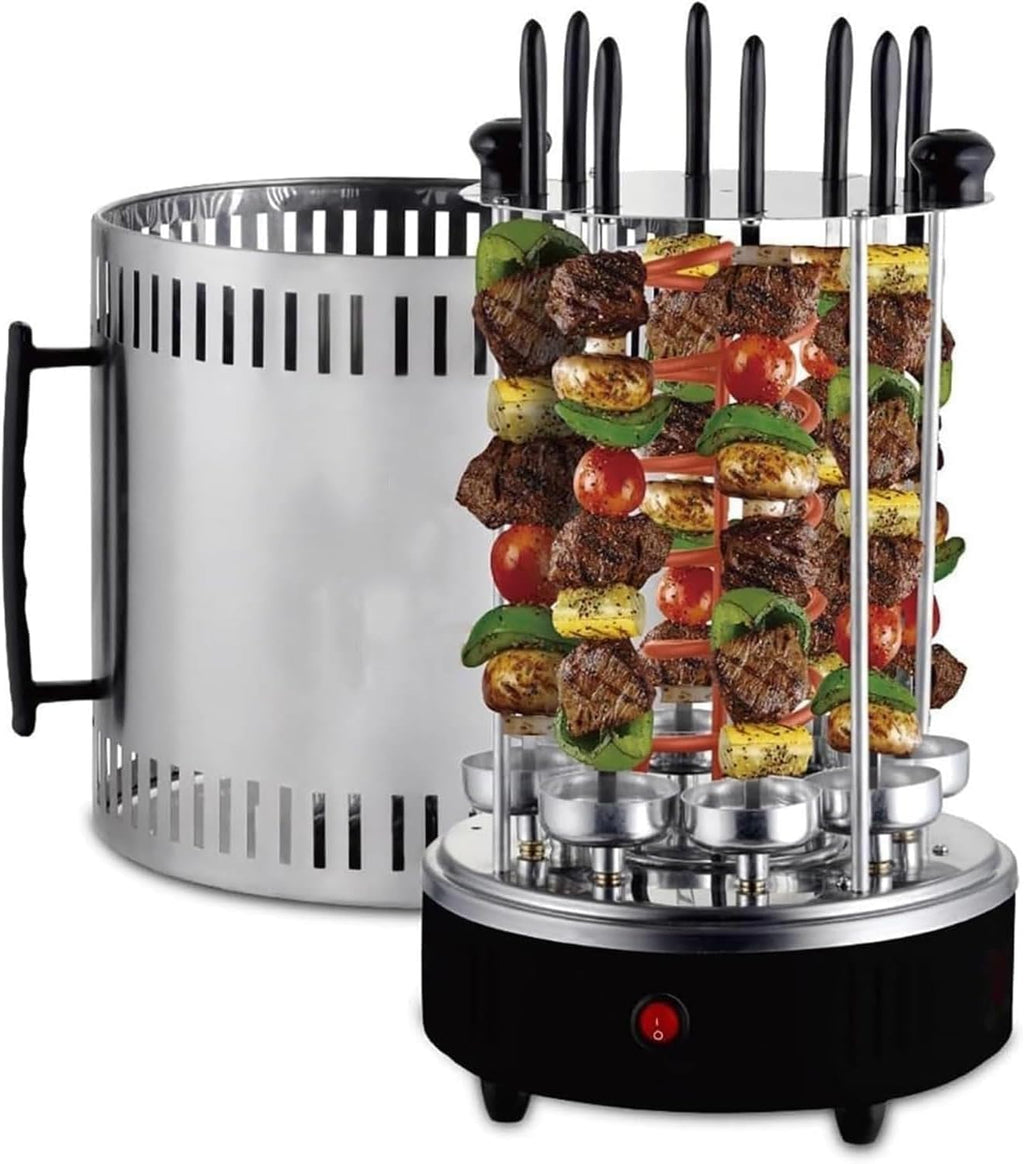 1500W Electric Rotating Vertical Rotisserie Grill, 360° Fully Automatic Barbecue Shawarma Machine, with Oil-Receiving Cup, 8 Grilling Forks, for Kebabs, Skewers and Roasts
