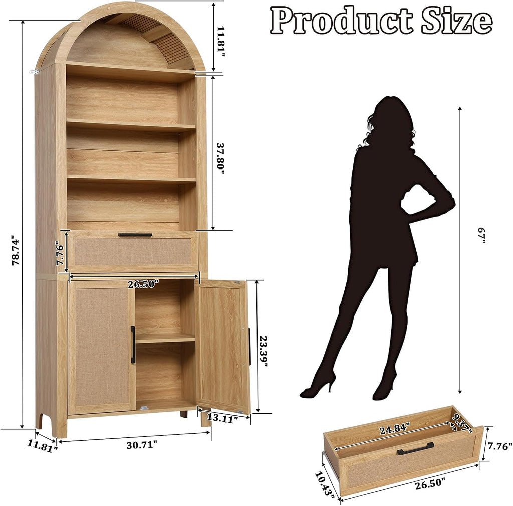 Janmer Home 79' Tall Arched Bookcase with Storage, Mid Century Modern 6-Tier Cabinet with Door, Arched Bookshelf with Open Display Shelf for Office Living Room (Natural, 79inch-Doors)