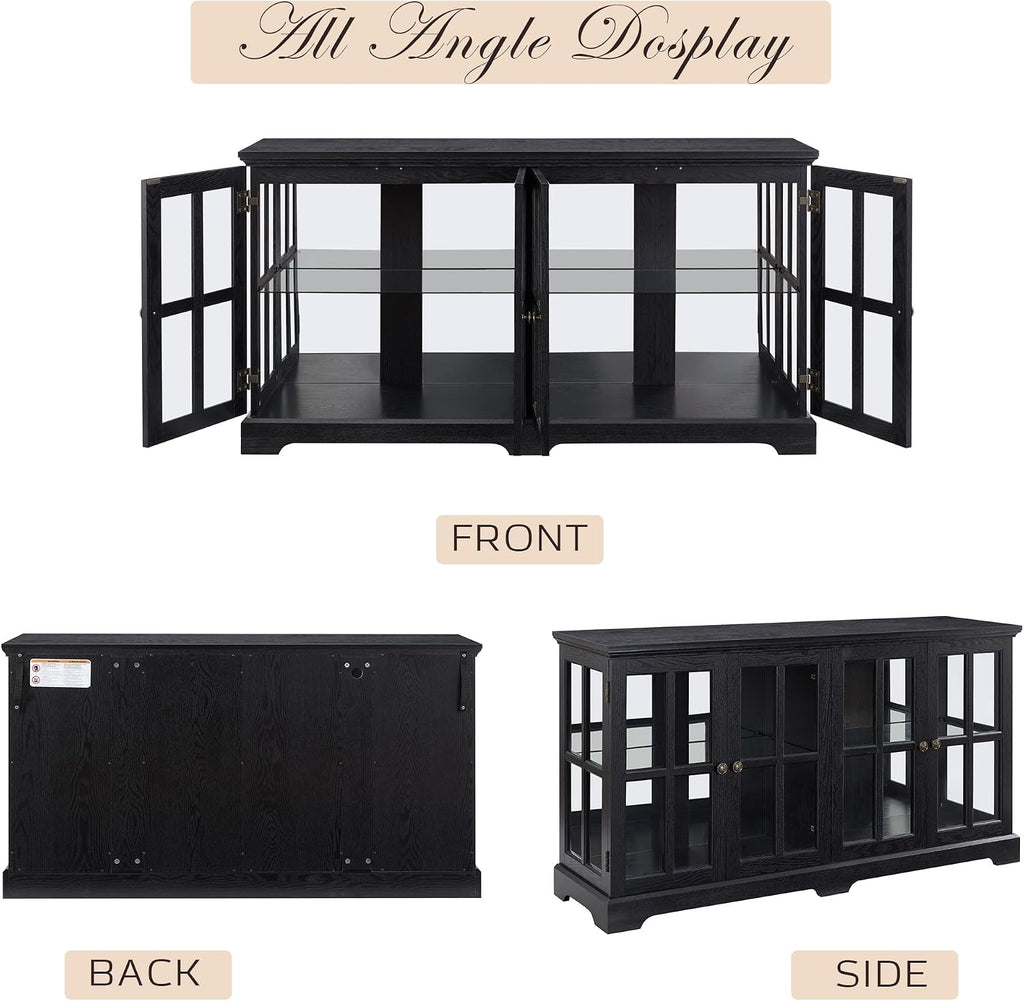 59' W LED Curio Cabinet with 7 Color Lights, Vintage Glass Display Case with Glass Doors, Smartphone-Controlled, Short Wooden China Cabinet with Adjustable Shelves for Living Room, Entryway (Black)
