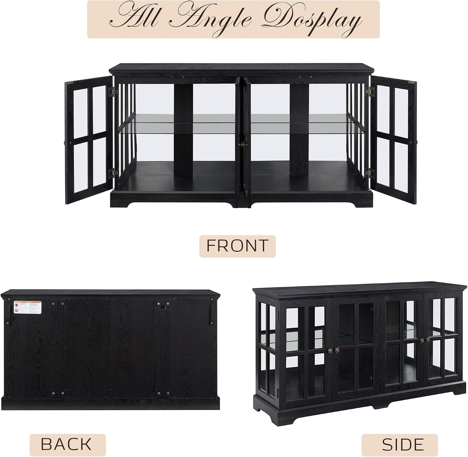 59' W LED Curio Cabinet with 7 Color Lights, Vintage Glass Display Case with Glass Doors, Smartphone-Controlled, Short Wooden China Cabinet with Adjustable Shelves for Living Room, Entryway (Black)