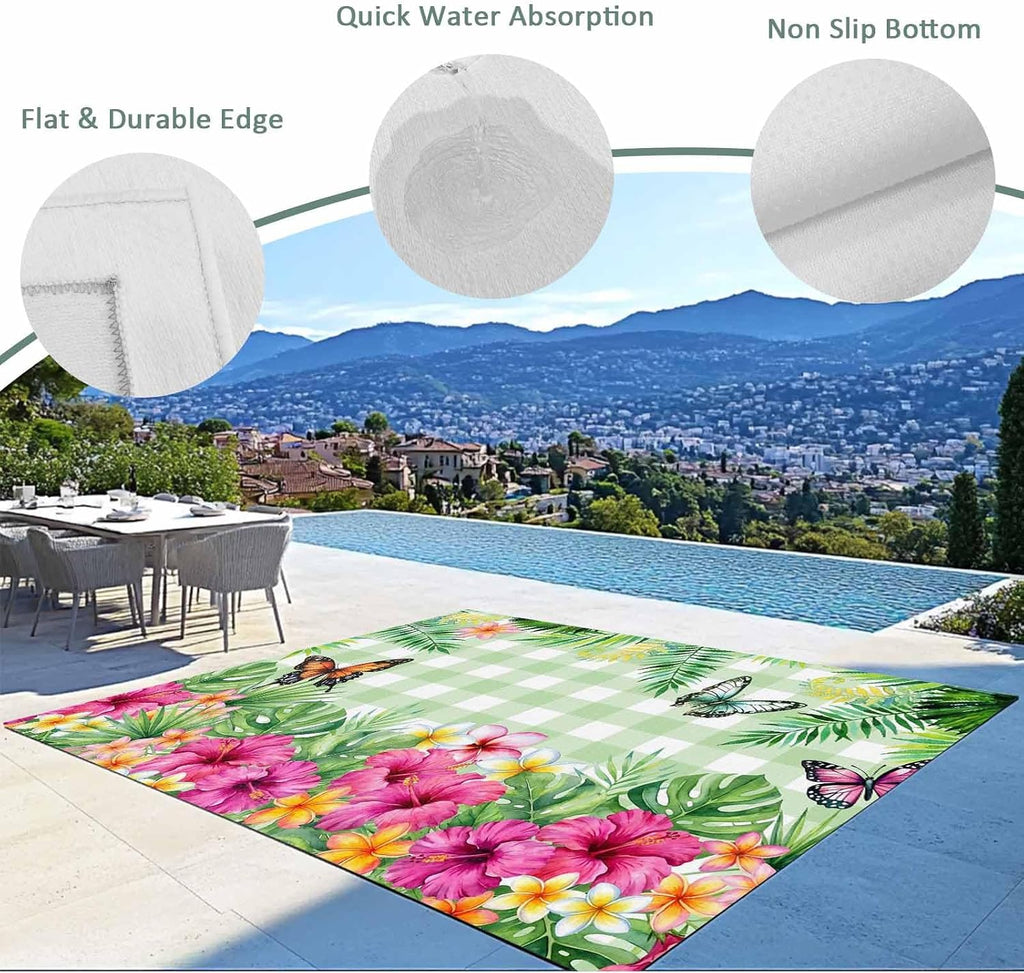 Outdoor Rug 4x6ft Tropical Plants Burmese Gardenia Flower Patio Area Rugs Waterproof Easy Cleaning Non Shedding Thick Mats Butterflies Carpet for Indoor Outdoor Porch Deck Backyard Balcony