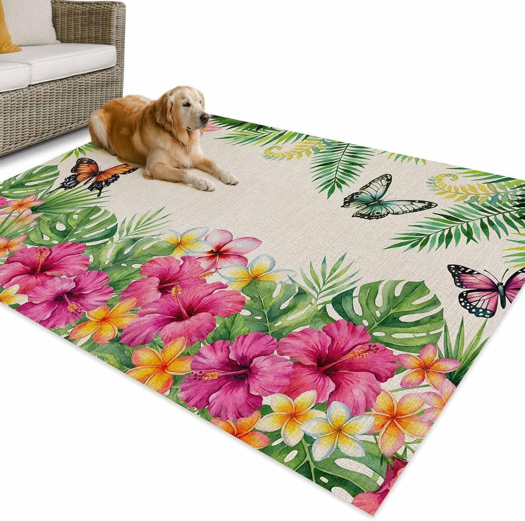 Outdoor Rug 6x9ft Vintage Tropical Plants Butterflies Patio Area Rugs Waterproof Easy Cleaning Non Shedding Thick Mats Gardenia Flower Carpet for Indoor Outdoor Porch Deck Backyard Balcony