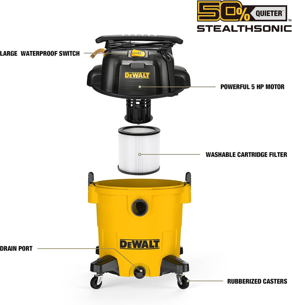 DEWALT 9 Gallon STEALTHSONIC Ultra Quiet Poly Shop Vacuum Wet/Dry, DXV09P-QTA Noise Reduction Vac for Shop, Heavy Duty Shop Vacuum