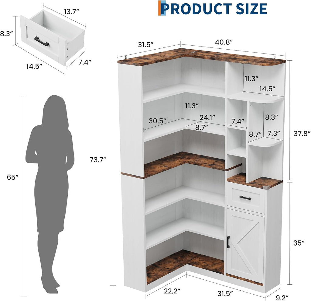 Garvee 74'' Tall Corner Bookshelf - 6-Tier Book Shelf with Drawer and Cabinets, l-Shaped Bookcase Open Storage Shelves Modern Display Shelf for Home, Office