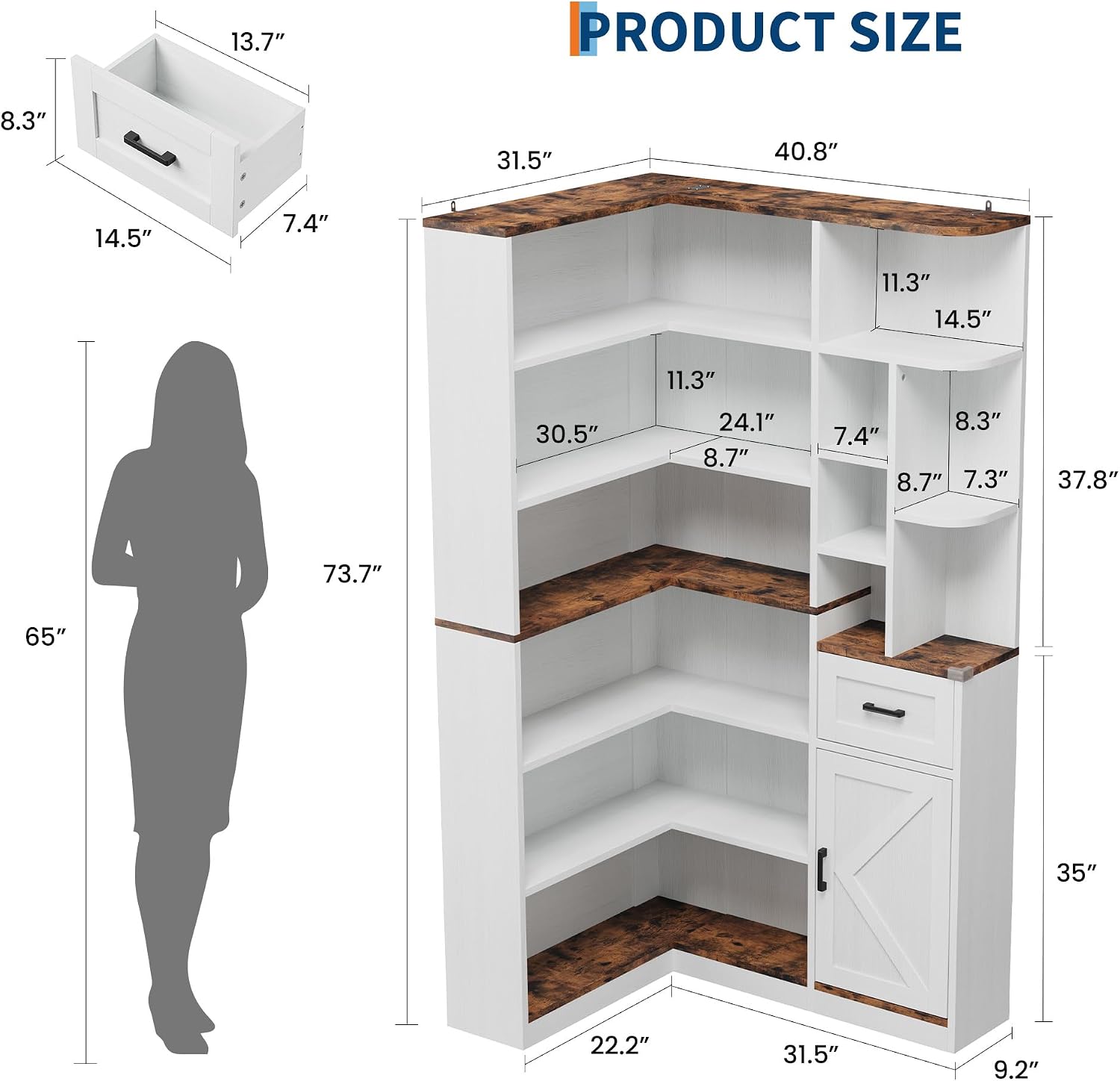 Garvee 74'' Tall Corner Bookshelf - 6-Tier Book Shelf with Drawer and Cabinets, l-Shaped Bookcase Open Storage Shelves Modern Display Shelf for Home, Office