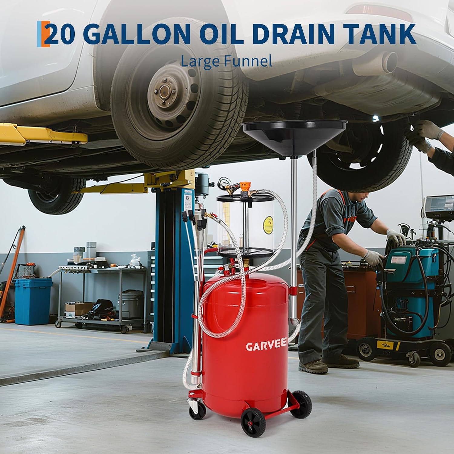 Garvee 20 Gallon Waste Oil Drain Tank, Air Operated Portable Oil Drainer with Adjustable Funnel, Fluid Fuel Transfer Drainage with Wheels, Oil Change Container for Automotive Workshops
