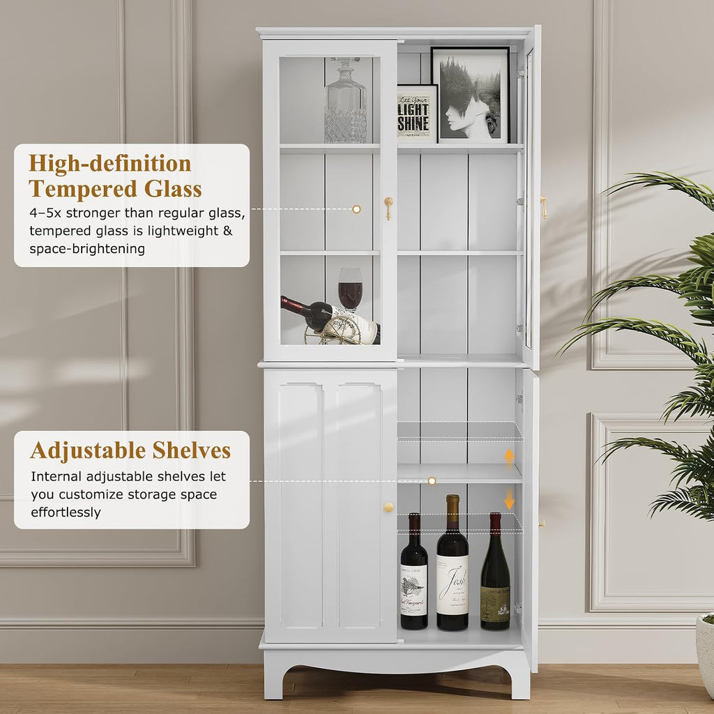 ARTPOWER 72' Freestanding Kitchen Pantry Storage Sideboard, Classical Tall Cabinet with Glass Door and Adjustable Shelves for Kitchen, Livingroom and Dining Room, White