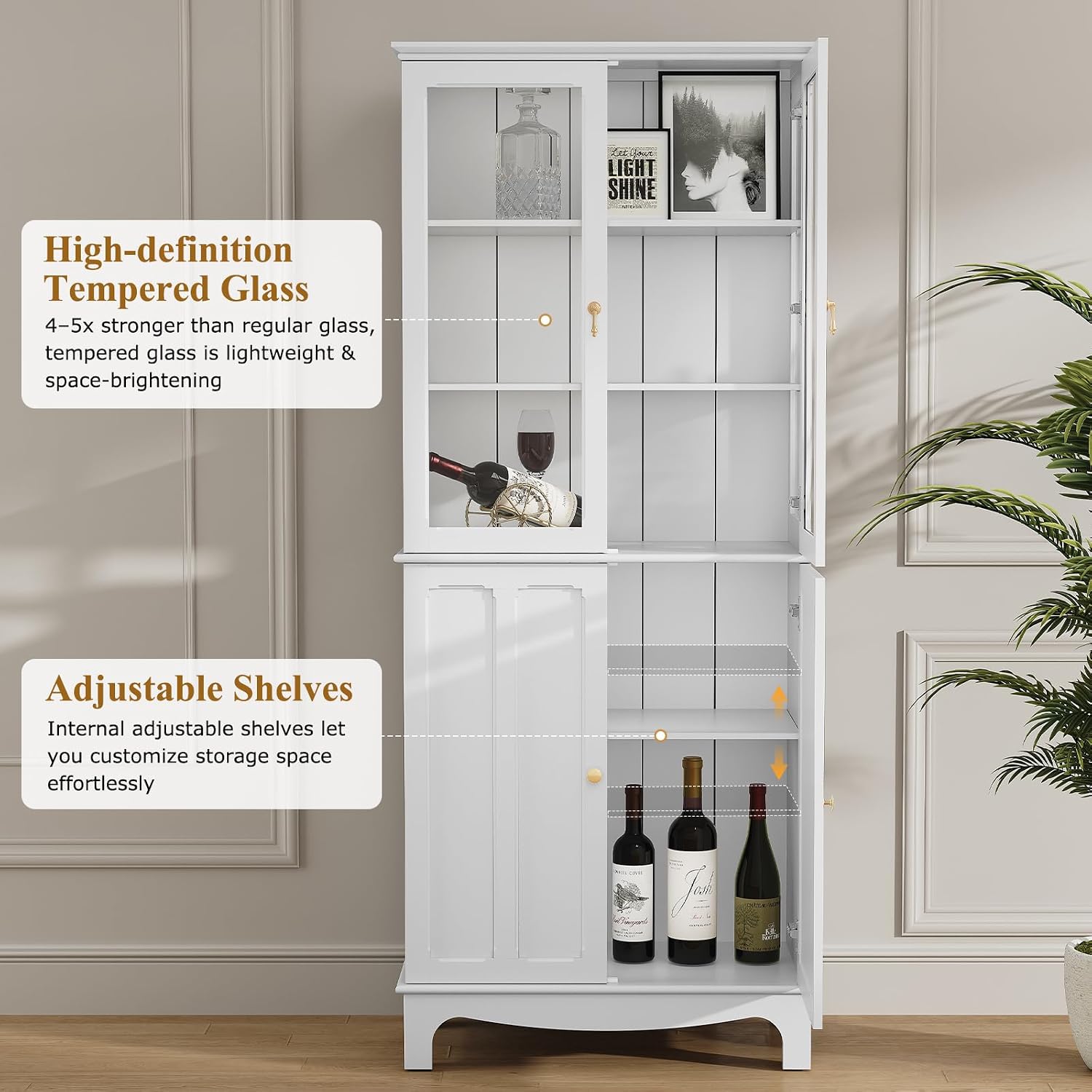 ARTPOWER 72' Freestanding Kitchen Pantry Storage Sideboard, Classical Tall Cabinet with Glass Door and Adjustable Shelves for Kitchen, Livingroom and Dining Room, White