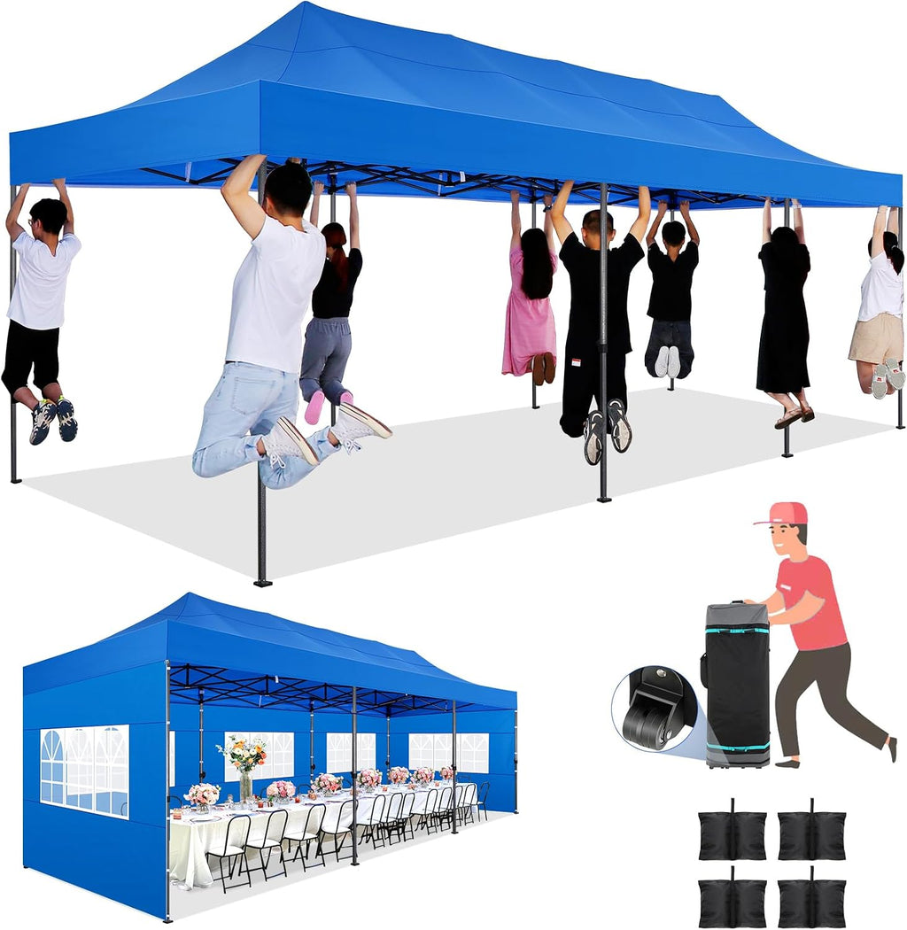 COBIZI 10x30 Pop up Canopy Tent Heavy Duty with 8 Sidewalls, Easy Set-up Commercial Outdoor Party Tent, 100% Waterproof Wedding Gazebo, 3 Height Adjustable with Wheeled Bag, Blue