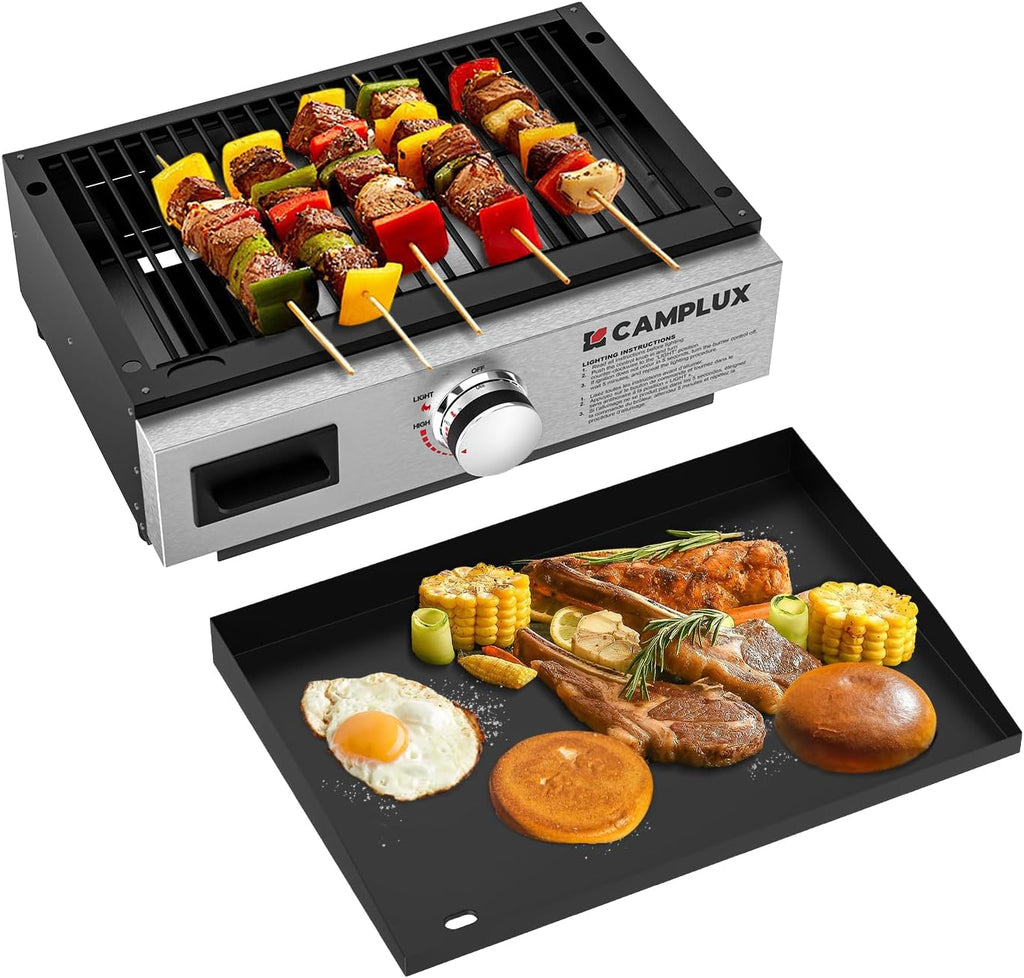 CAMPLUX Propane Griddle Grill 2-in-1 11,000 BTU, Portable Camping Griddle Ceramic Coated, 18-Inch Tabletop Grill with 20 lbs and RV Regulator for BBQ, Camping, RV Picnic and Tailgating