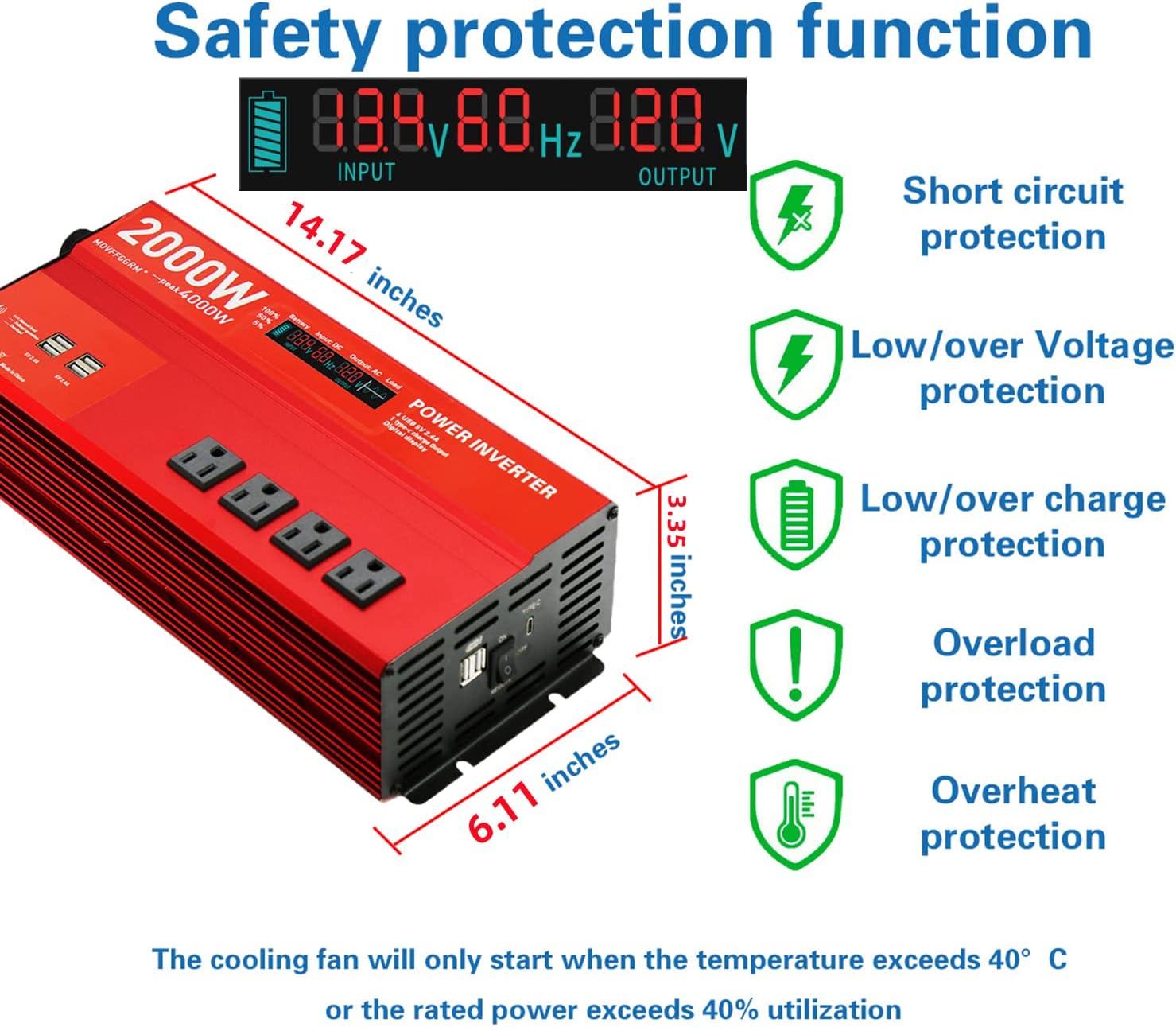 2000W 12V Power inverters for Vehicles,Peak 4000 watt, Car/Truck DC 12V to 110V 4AC Converter, 6 USB 2.4A Ports,with 18W Type-C Quick Charge Port,LCD Digital Display
