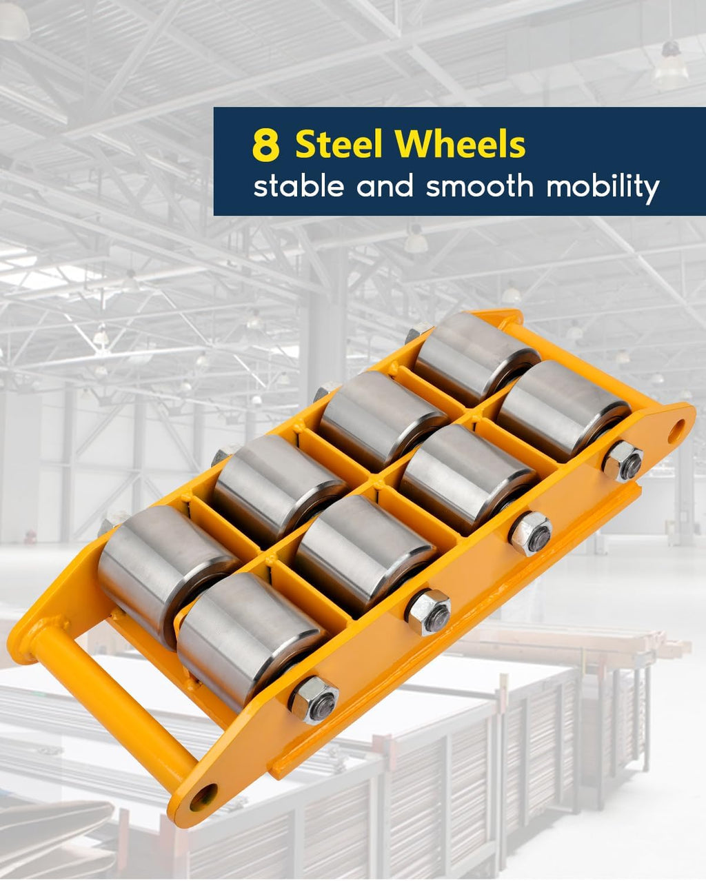 FAHKNS Machinery Moving Skate Heavy Duty Machinery Skates Cargo Mover 12T Machine Skates with 360° Rotation Cap 8 Steel Rollers for Heavy Duty Industrial Moving Equipment, Yellow
