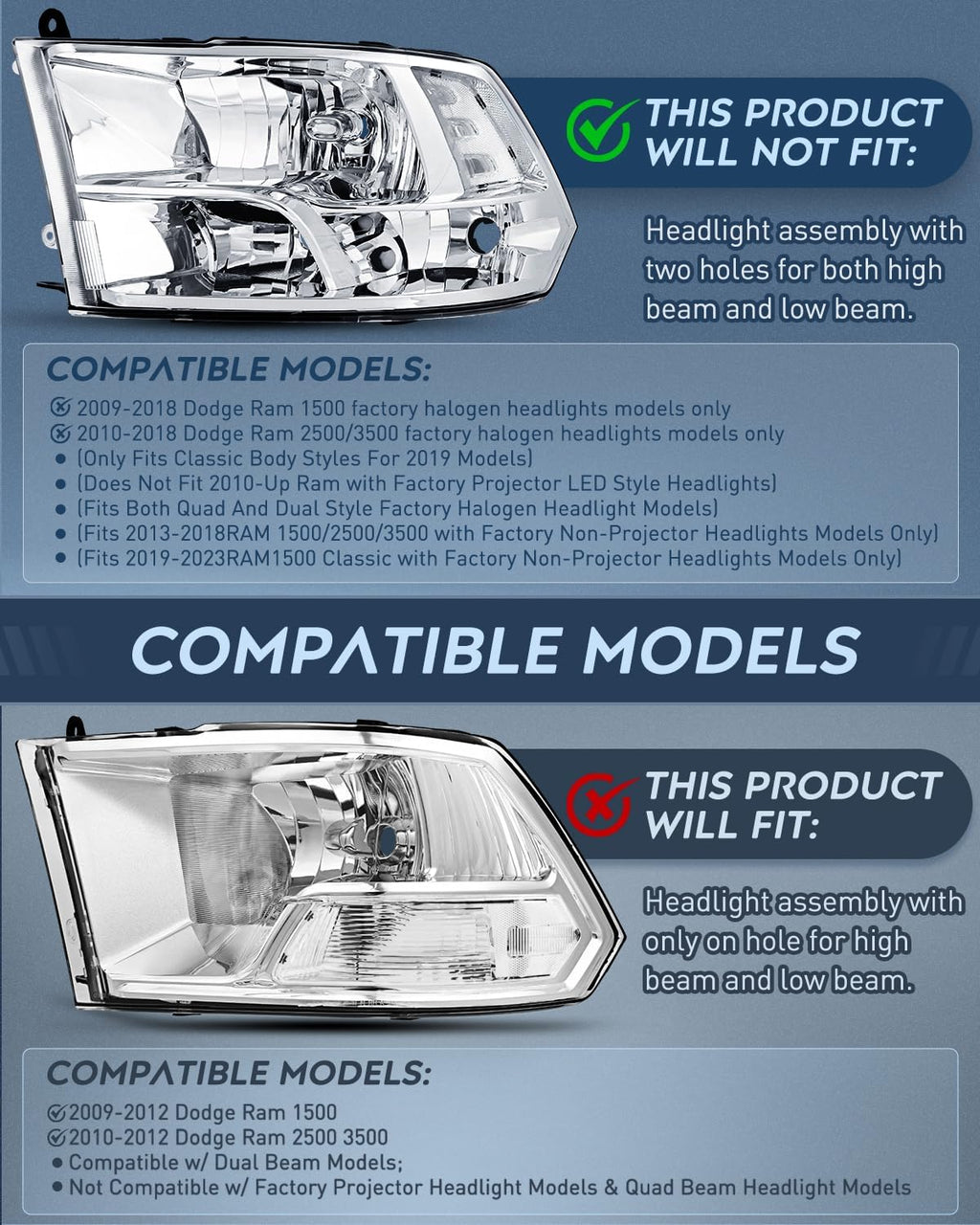 Nilight Headlight and Taillight Assembly Combo Compatible with 2009 2010 2011 2012 2013 2014 2015 2016 2017 2018 Dodge Ram for Quad Models Chrome Housing Clear Reflector with Red Housing Tail Light