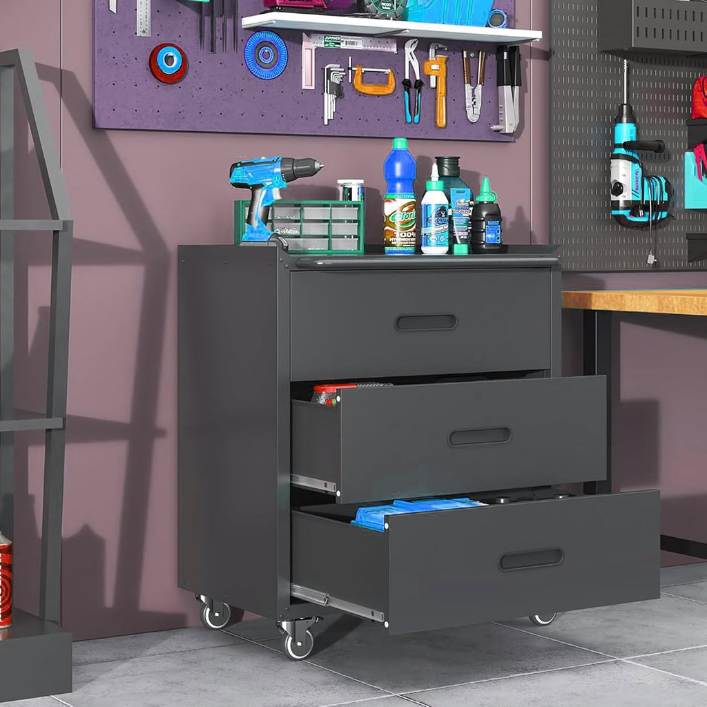 Metal Garage Storage Cabinet with Wheels, Rolling Tool Cabinet with 3 Drawers, Heavy Duty Mobile Steel Cabinet for Garage Warehouse Workshop