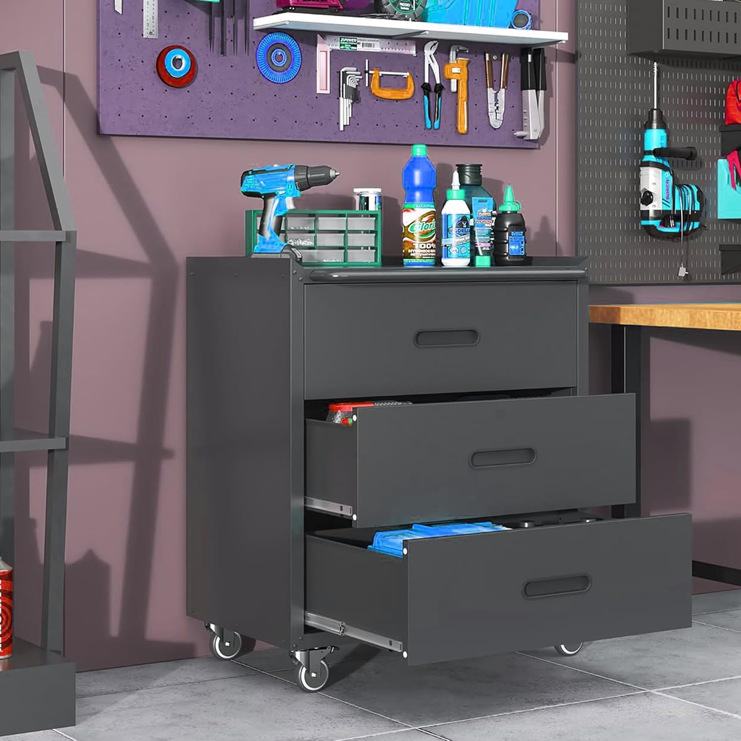 Metal Garage Storage Cabinet with Wheels, Rolling Tool Cabinet with 3 Drawers, Heavy Duty Mobile Steel Cabinet for Garage Warehouse Workshop