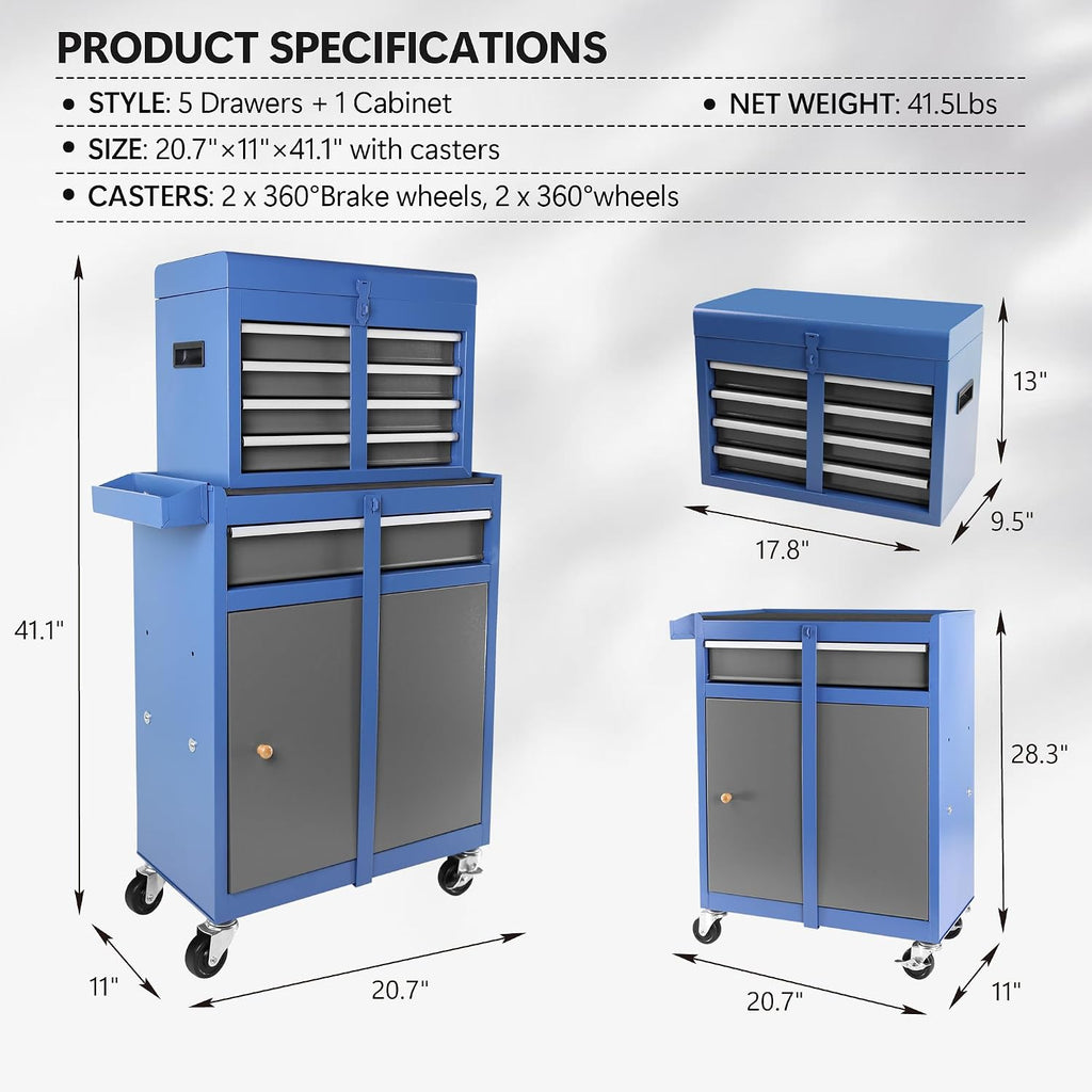 Tool Chest, 5-Drawer Rolling Tool Storage Cabinet with Detachable Top Tool Box, Liner, Universal Lockable Wheels, Adjustable Shelf, Locking Mechanism, Metal Tool Cart for Garage Workshop