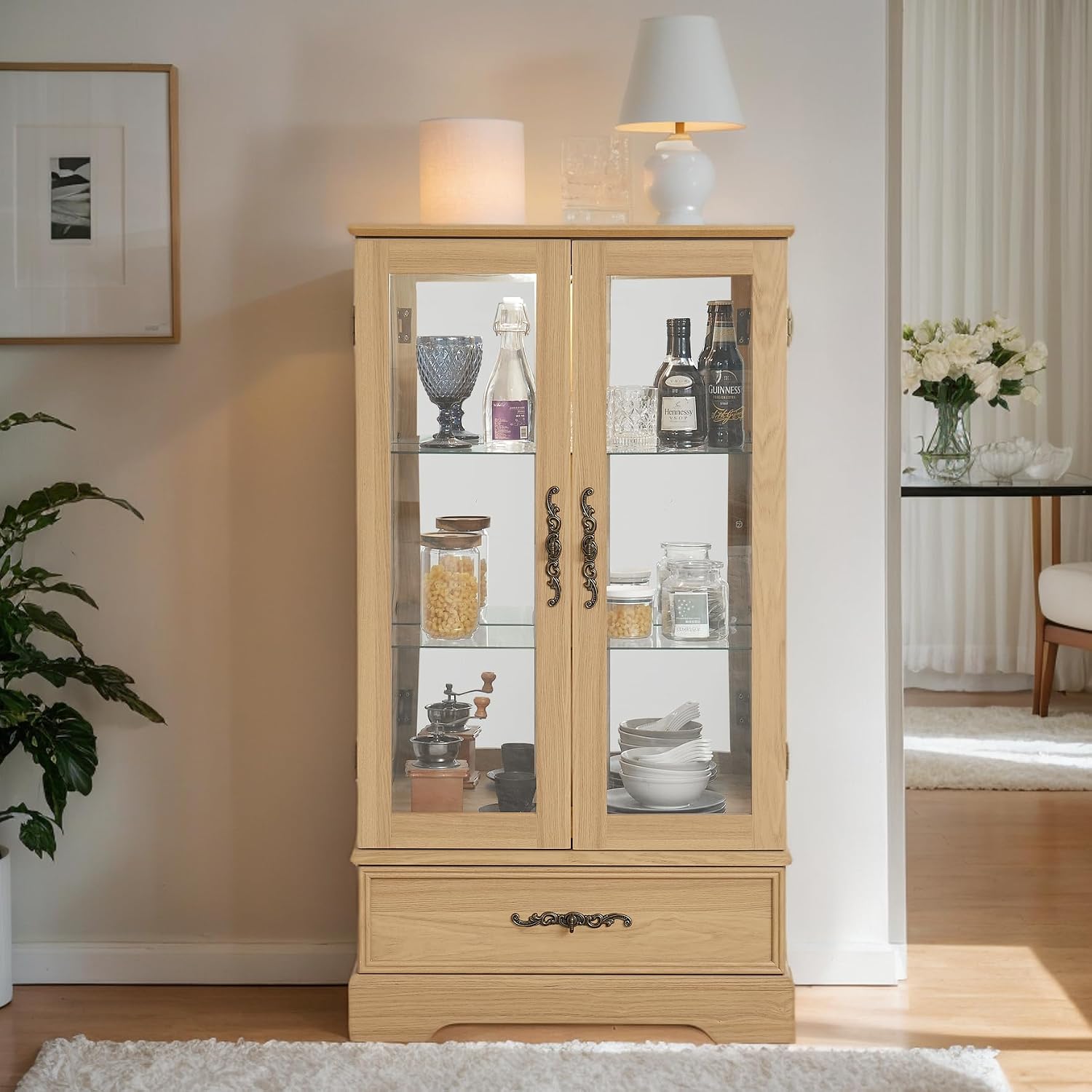 47' Lighted Glass Accent Curio Cabinet, 3-Tier Antique Storage Cage with Adjustable Shelves & Drawer, Acrylic Mirrored Pane, Light Blub Included, Small China Cabinet for Living Room (Light Oak)