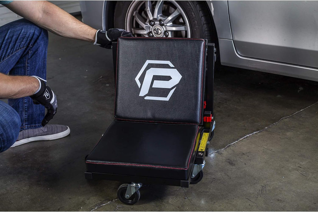 Powerbuilt 2-in-1 Rolling Creeper Seat Converts from High to Low Roller Seat, Fast, Tool-Free Conversion, Garage, Shop, Brake Jobs, Washing, Detailing, Maintenance, Thick Pad, 3-in. Casters - 240298