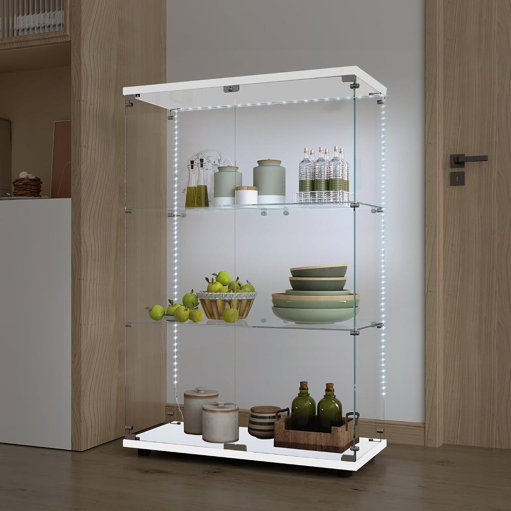 Modern Glass Display Cabinet 3-Shelf with LED Light and Lock, 2 Door Curio Cabinets,Tempered Glass Collection Display Showcase for Living Room Home Office,30.9x13.5x49 H,White