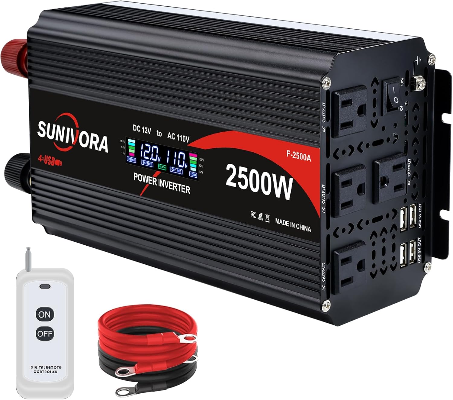 2500 Watt Power Inverter 12V to 110V/120V DC to AC Converter 5000W Peak, with Remote Control & LCD, 4 AC Outlets & 4 USB Ports Power Inverters for Vehicles Car Truck Boat RV Camping Solar System EPS