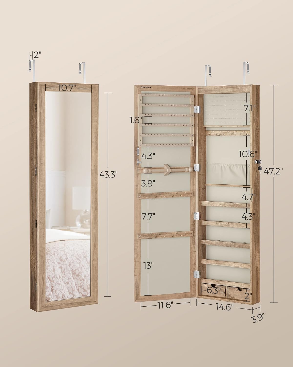 SONGMICS 6 LEDs Mirror Jewelry Cabinet, 47.2-Inch Tall Lockable Wall or Door Mounted Jewelry Armoire Organizer with Mirror, 2 Drawers, 3.9 x 14.6 x 47.2 Inches, Toasted Oak Color UJJC093N01