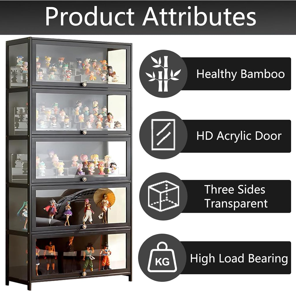 Curio Display Cabinet with Acrylic Glass Door, 5-Tier Tall Display Case, Curio Cabinet & Bookcase for Collectibles, Display Shelf for Home, Reading Nook, Playroom, Living Room