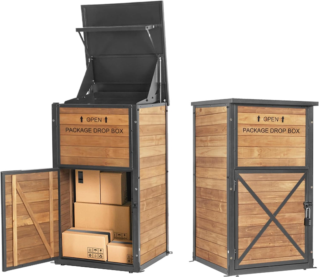 Package Delivery Boxes for Outside, Anti-Theft & Weatherproof Solid Wood with Iron Frame, Parcel Drop Box with Combination Lockable, Lockable Secure Package Holder for Porch