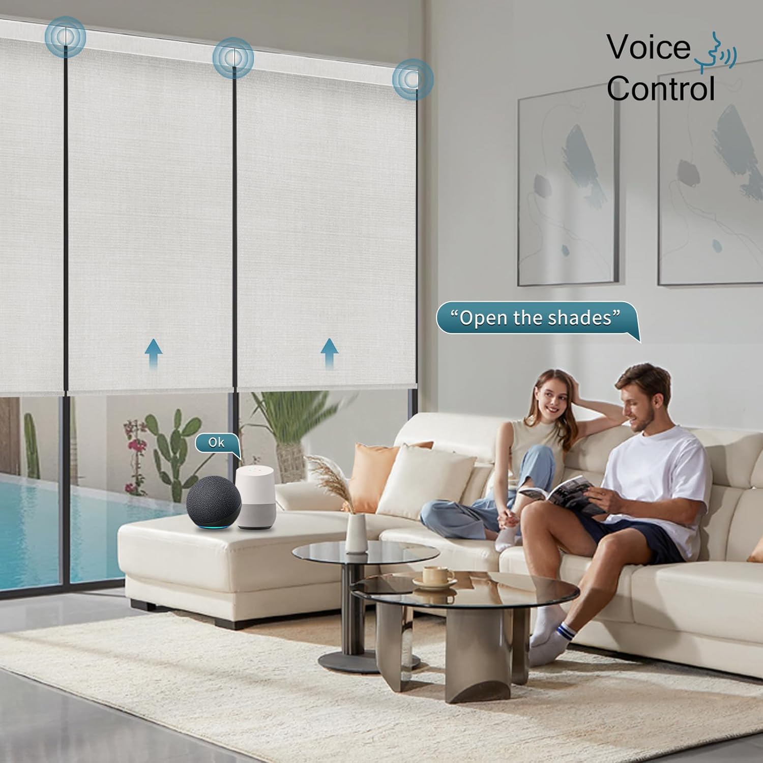 Motorized Roller Shade, 100% Blackout Smart Window Blinds Work with Homekit, Alexa, Google Home, Remote Control, Electric Blinds with USB/Solar Pannel Charging, Gentle White