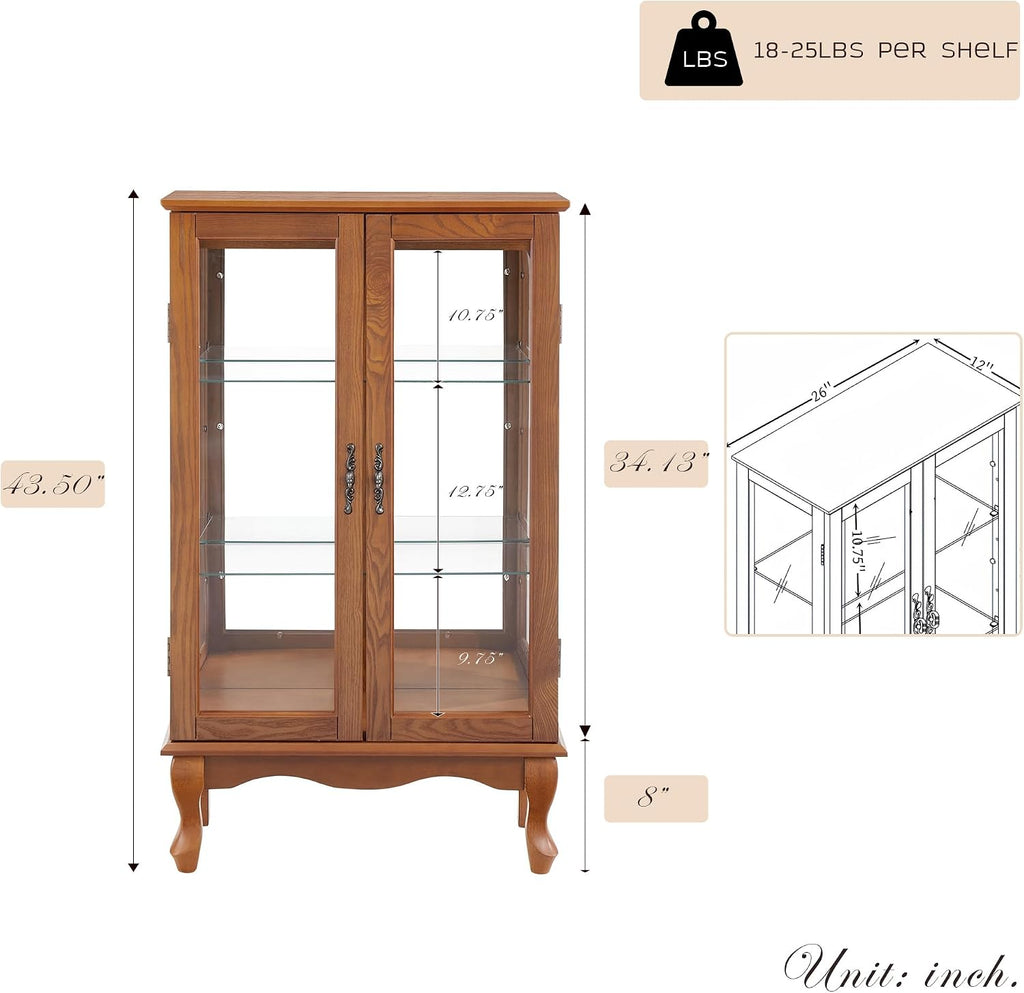 44' Small Lighted Glass Accent Curio Cabinet, Vintage China Cage with 2 Tempered Glass Doors & Adjustable Shelves, Acrylic Mirrored Pane, Elegant Wine Artwork Showcase Rack for Living Room (Dark Oak)