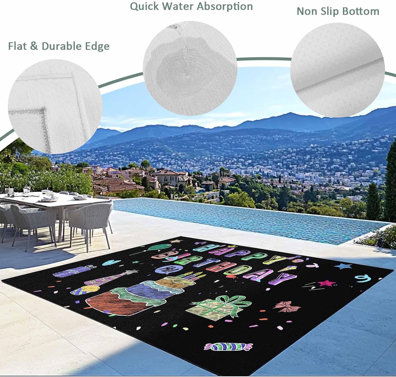 Outdoor Rug 4x6ft Happy Birthday Colorful Line Cake Present Box Patio Area Rugs Waterproof Easy Cleaning Non Shedding Thick Mats Black Carpet for Indoor Outdoor Porch Deck Backyard Balcony