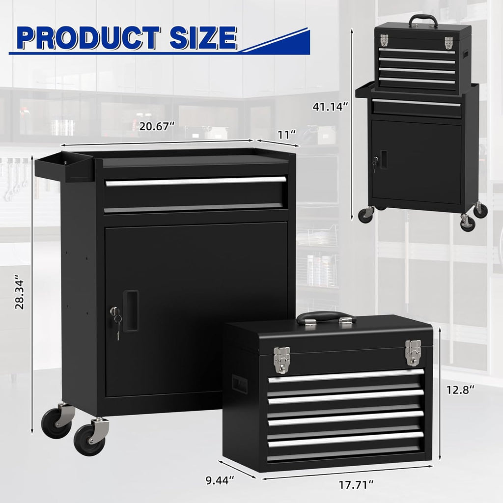 5 Drawer Tools Chest, Tool Cabinet with Universal Lockable Wheels，Tool Box with Detachable Top Box for Workshop(Black)