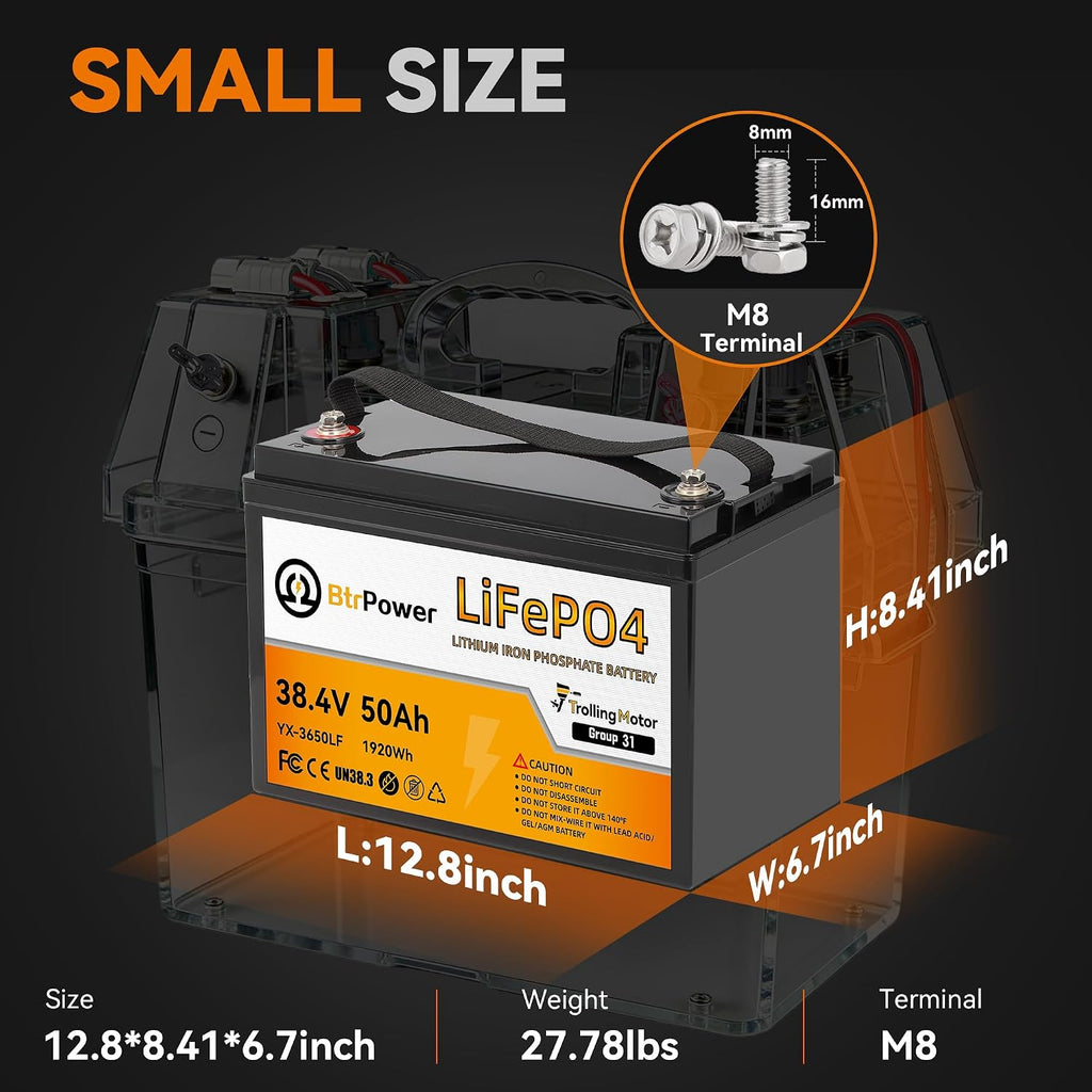 36V 50Ah Trolling Motors Lithium LiFePO4 Battery, Built-in 50A BMS, 1.2C Discharge 60A Current,Deep Cycle Group31 Lithium Iron Phosphate Battery, Perfect for Trolling Motor,RV, Boat, Marine, Solar